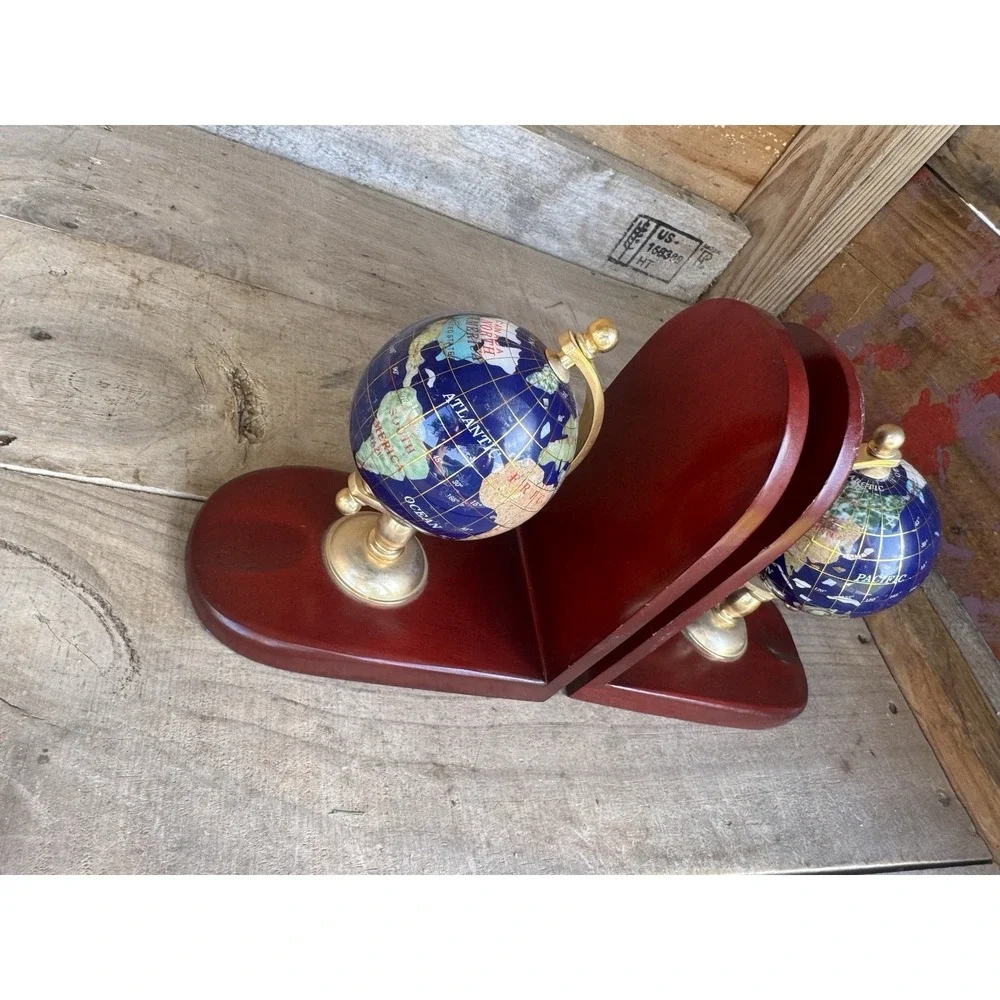 Vintage Gemstone World Globe Bookends, Brass meridian on Wood base